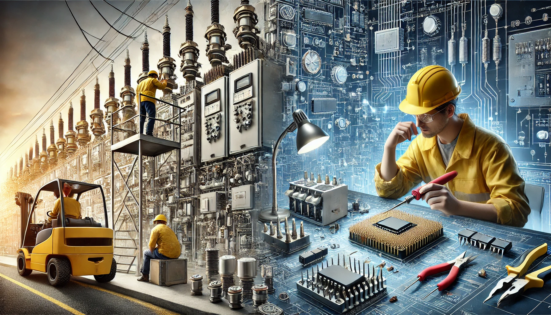 DALL·E 2025 02 20 06.47.02 A detailed and realistic image showcasing both electrical and electronics engineering. On one side an electrical engineer is working o